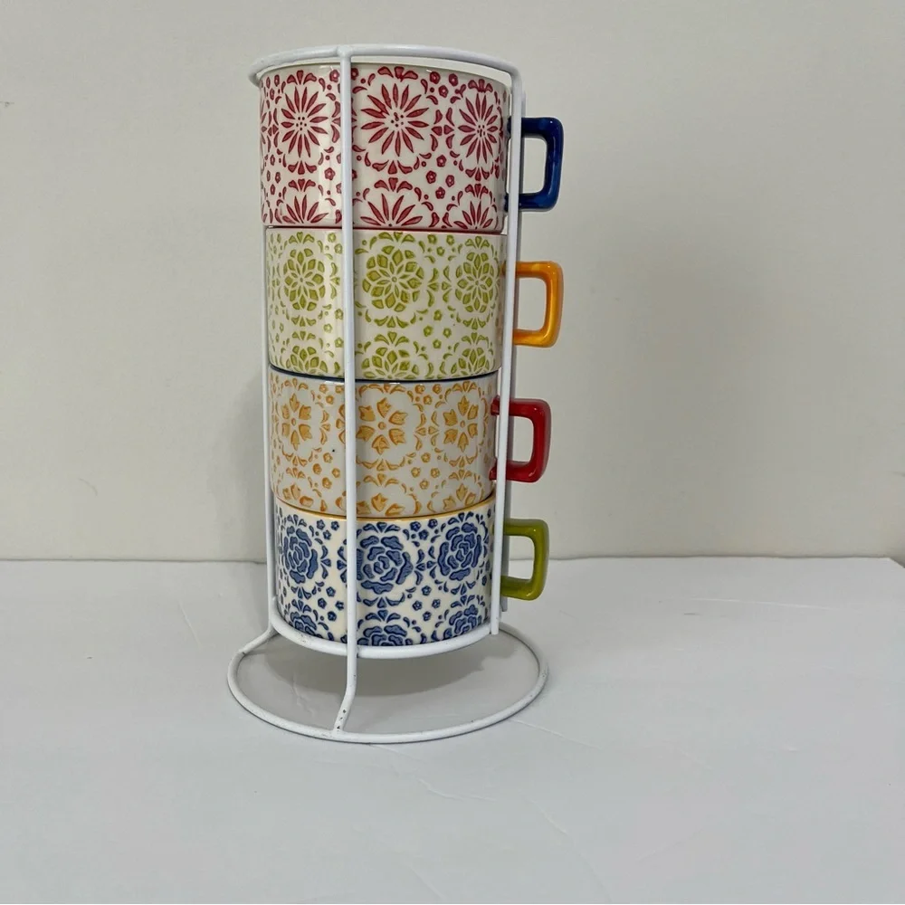 Pier1 Imports Stackable Cups 8oz Hand Pained Stoneware With Stand